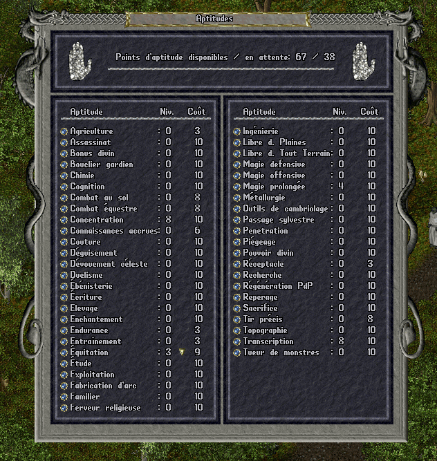 Aptitudes dans la fiche du personnage