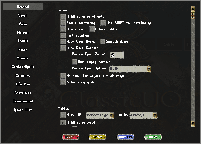 Le menu Options de ClassicUO